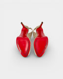 Beige canvas open-toe pumps