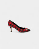 Tartan pattern pumps with rhinestone buckle